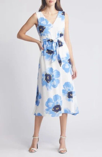 Anne Klein Floral Tie Belt Midi Dress In Blue