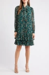 Anne Klein Floral Tie Neck Long Sleeve Ruffle Shirtdress In Multi