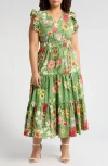 Anne Klein Printed Poplin Drawstring Maxi Dress In Green