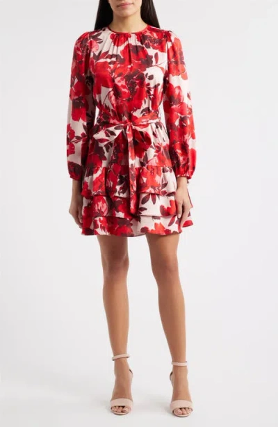 Anne Klein Blouson Sleeve Tiered Flounce Mini Dress In Multi