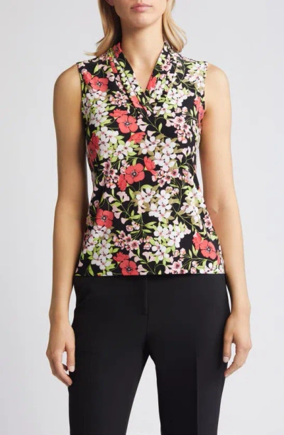 Anne Klein Floral Triple Pleat Sleeveless V-neck Top In A Black/ Red Pear Mlt