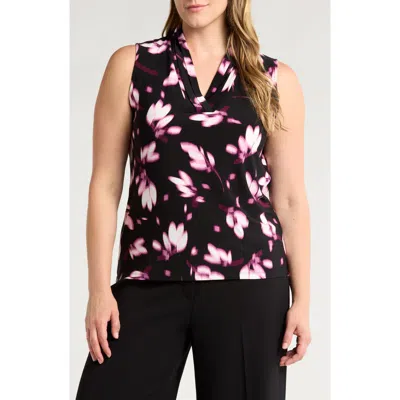 Anne Klein Floral Triple Pleat Sleeveless V-neck Top In Orchid Pink Multi