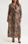Anne Klein Plus Size Printed Mesh Long-sleeve Maxi Dress In Brown