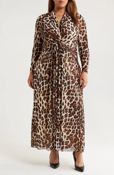 ANNE KLEIN ANNE KLEIN LEOPARD PRINT TWIST FRONT LONG SLEEVE MESH MAXI DRESS