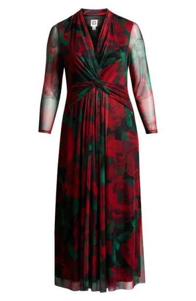 Anne Klein Floral Twist Front Long Sleeve Mesh Maxi Dress In Titan Red Multi