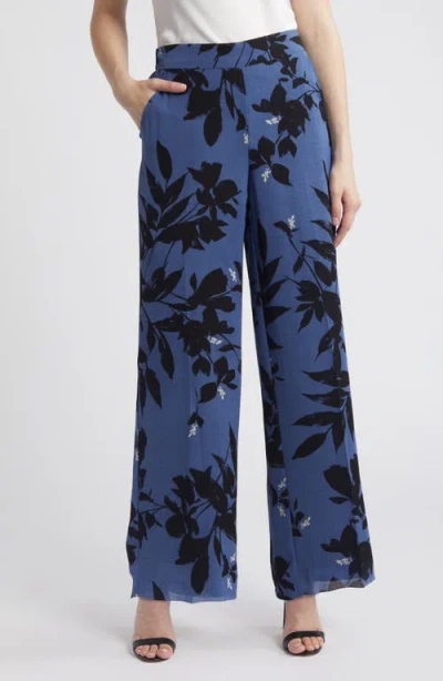 Anne Klein Floral Wide Leg Pants In Blu Jay/ Anne Black Multi