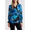Anne Klein Petite Printed Faux-wrap Blouse In Anne Black/blue/teal Multi