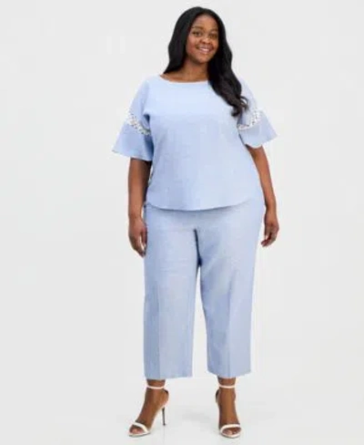 Anne Klein Flutter Sleeve Bateau Neck Top Wide Leg Crop Drawstring Pant In Blue