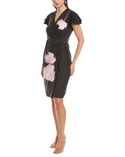 Anne Klein Flutter Sleeve Classic Wrap Printed Ity Dress In Black
