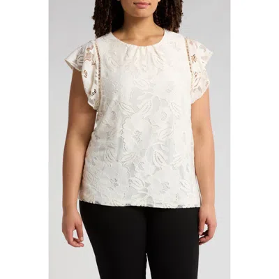 Anne Klein Flutter Sleeve Lace Top In White Dove