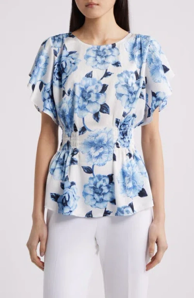 Anne Klein Flutter Sleeve Smock Waist Top In Multi