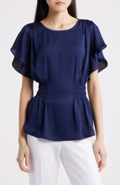 Anne Klein Flutter Sleeve Smocked Waist Top In Blue