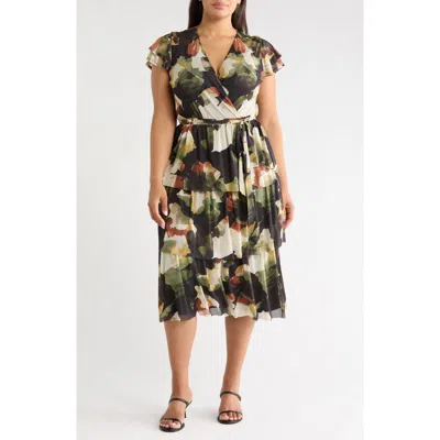 Anne Klein Flutter Sleeve Tiered Midi Dress In Lg Abstract Fresco X