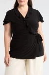 Anne Klein Flutter Sleeve Wrap Top In Black