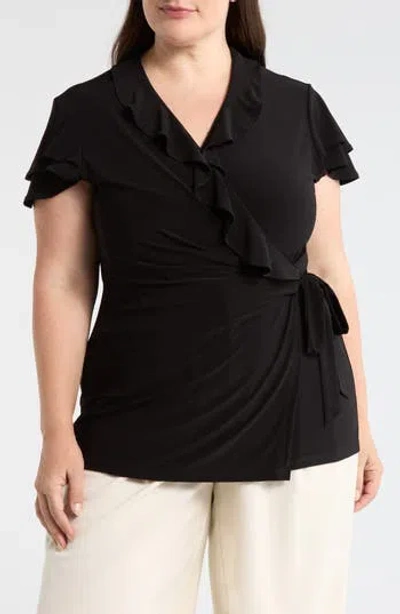 Anne Klein Flutter Sleeve Wrap Top In Black