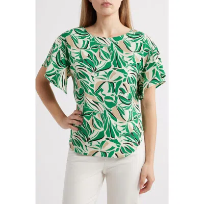 Anne Klein Foliage Print Boat Neck Top In Tropical Green Multi