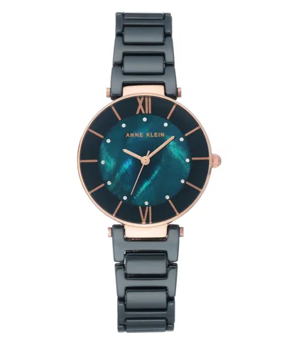 Anne Klein Genuine Mother Of Pearl Dial With Cubic Zirconia Crystals Watch In Navy