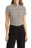 Anne Klein Geo Print Short Sleeve Mock Neck Top In Brown