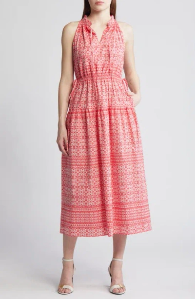 Anne Klein Geo Print Tiered Sleeveless Cotton Midi Dress In Hbscs Red