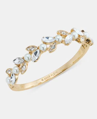 Anne Klein Glass Crystal And Faux Pearl Gold-tone Oval Navette Bangle Bracelet