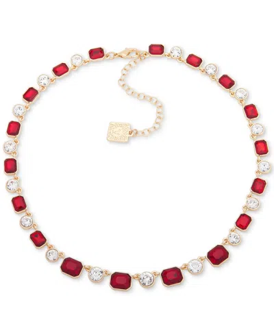 Anne Klein Glass Stones Gold-tone Single Strand Necklace In Red