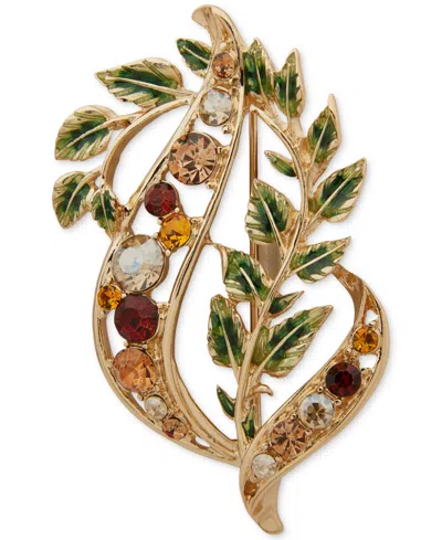 Anne Klein Glass Stones Openwork Leaf Pin In Gold