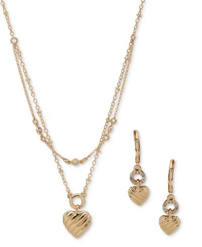 Anne Klein Gold-tone 2-pc. Set Textured Heart Layered Necklace & Matching Drop Earrings In Crystal