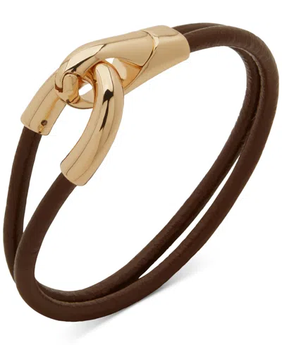 Anne Klein Gold-tone 2 Row Leather Latched Hinge Bracelet In Brown