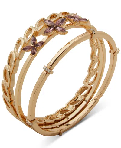 Anne Klein Gold-tone 3-pc. Set Flower Bangle Bracelet In Purple