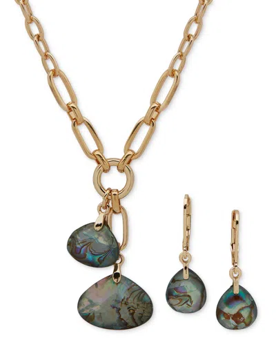 Anne Klein Gold-tone Abalone Pendant Necklace & Drop Earrings Set