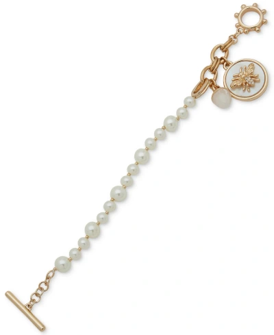 Anne Klein Gold-tone Bee Charm Toggle Flex Bracelet In Pearl