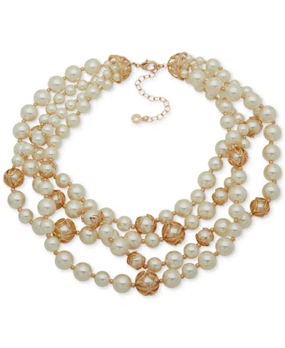 Anne Klein Gold-tone Caged Imitation Pearl Statement Necklace, 16" + 3" Extender In White