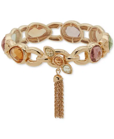 Anne Klein Gold-tone Chain Tassel Charm Stone Stretch Bracelet