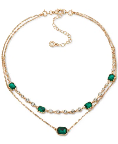 Anne Klein Gold-tone Crystal & Color Stone Layered Statement Necklace, 16" + 3" Extender In Green