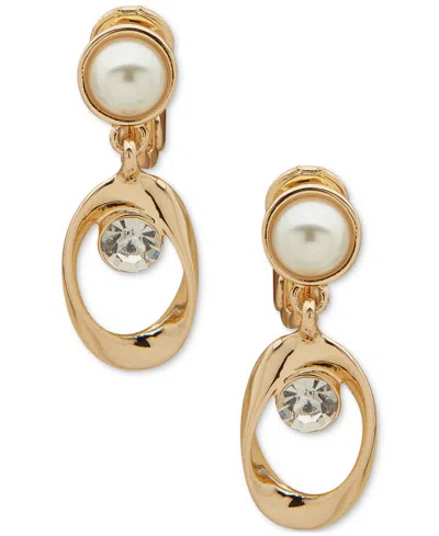Anne Klein Gold-tone Crystal & Imitation Pearl Orbital Clip-on Drop Earrings