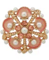 Anne Klein Gold-tone Crystal & Imitation Pearl Shell Cluster Pin In Orange