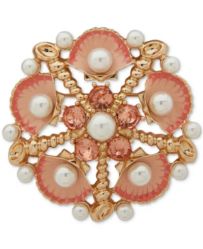 Anne Klein Gold-tone Crystal & Imitation Pearl Shell Cluster Pin In Orange