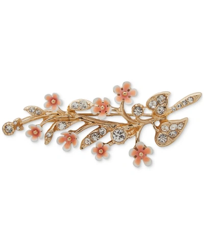 Anne Klein Gold-tone Crystal & Pink Flower Sprig Pin In Ivory