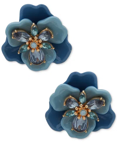 Anne Klein Gold-tone Crystal Flower Button Statement Earrings In Blue