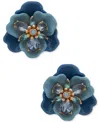 Anne Klein Gold-tone Crystal Flower Button Statement Earrings In Blue