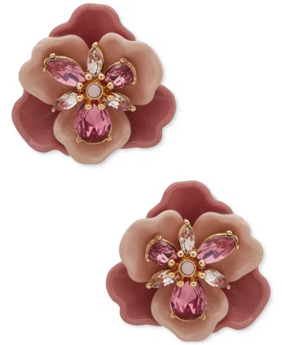 ANNE KLEIN GOLD-TONE CRYSTAL FLOWER CLIP-ON BUTTON EARRINGS