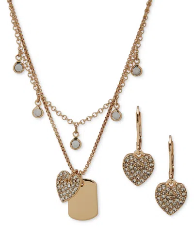 Anne Klein Gold-tone Crystal Heart Charm Drop Earrings & Two-row Necklace Set, 16" + 3" Extender