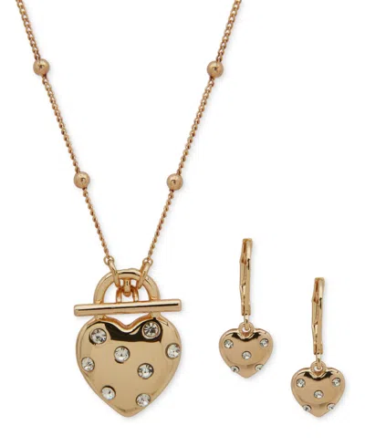 Anne Klein Gold-tone Crystal Heart Pendant Necklace & Earrings Set In Crystal,silver