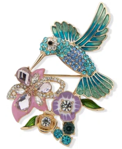 Anne Klein Gold-tone Crystal Hummingbird & Flower Pin In Multi