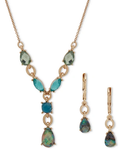 Anne Klein Gold-tone Crystal Lariat Necklace & Drop Earrings Set In Blue Green