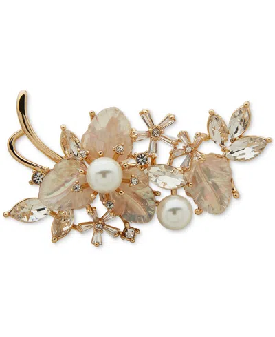 Anne Klein Gold-tone Cubic Zirconia & Mother-of-pearl Flower Pin In White