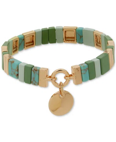 Anne Klein Gold-tone Disc Charm Stone Beaded Stretch Bracelet In Multi