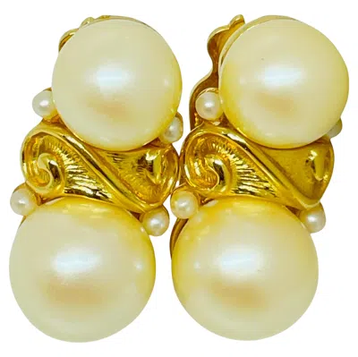 Pre-owned Anne Klein Gold Tone Faux Pearl Massive Designer Etruscan Style Clip On Earrings In Multi
