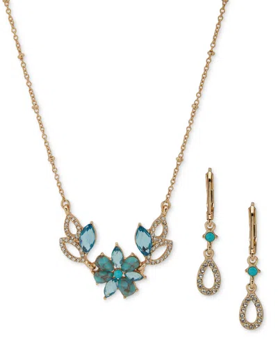 Anne Klein Gold-tone Floral Cluster Drop Earrings & Pendant Necklace Set, 16" + 3" Extender In Turquoise