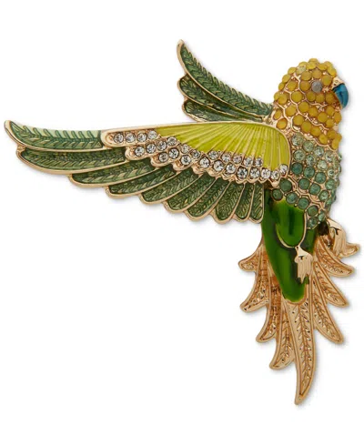 Anne Klein Gold-tone Green Crystal Flying Parrot Pin In Multi